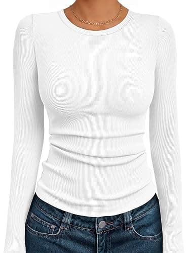 AUTOMET Women's Ribbed Long Sleeve Basic Top - Soft Stretch Crewneck Shirt for Work & Casual - Image 1