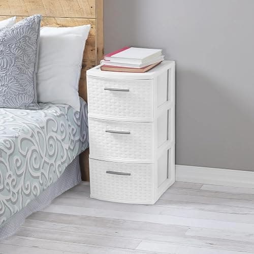 Three-layer woven tower storage organizer, plastic drawer with handles, suitable for bedroom wardrobe office, white decorative cabinet thumbnail 2