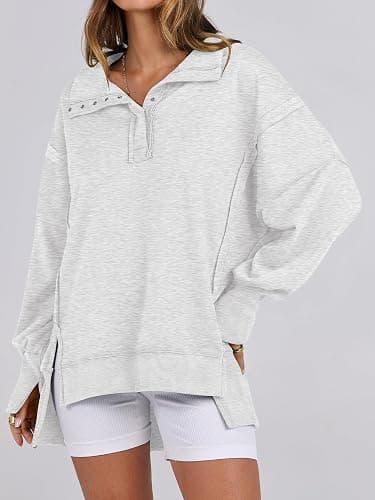 ANRABESS Women's Sweatshirts Oversized Casual Loose Button Up Henley Pullover Top High Low Split 2025 Fall Fashion Outfits thumbnail 2