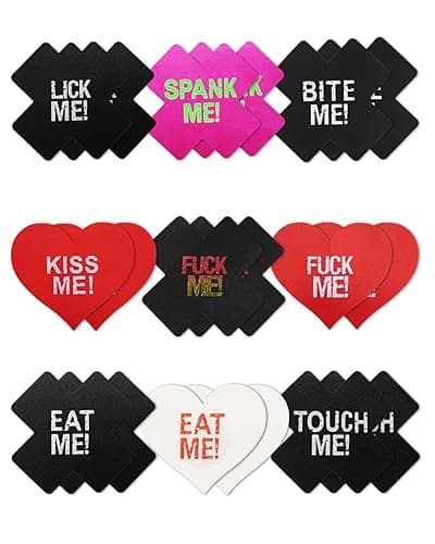 CICKEE Pasties Sexy Nipple Covers 9 Pack Fun Pasty Pack for Rave Party Goth Lingerie Heart X Breast Petals with Words - #1 Red Black - Image 1