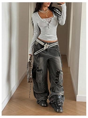 GORGLITTER Women's Striped Lace Y2k Tops Square Neck Autumn Going Out Top | Long Sleeve, Streetwear, Button Front 2 in 1, Slim Fit, T Shirts, Retro, Festival Outfits thumbnail 4
