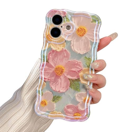 EYZUTAK Case for iPhone 16, Colorful Retro Oil Painting Printed Flower Laser Glossy Pattern Cute Curly Wave Edge Exquisite Phone Cover Stylish Durable TPU Protective Case for Girl Women-Green - iPhone 16 - Green thumbnail 9
