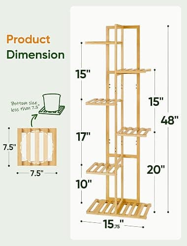 ROSSNY 48 Inch Tall Bamboo Plant Stand for Indoor, 6 Tier 7 Potted, Natural | Corner Plant Stand, Tiered Plant Shelf, Planter Holder for Multiple Plants Indoor, Boho Style thumbnail 3