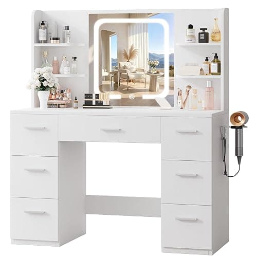 LIVELYGLOW 43" Large White Makeup Vanity Desk with Charging Station | Smart LED Mirror, Hairdryer Holder, 7 Drawers, 4 Shelves - Image 1