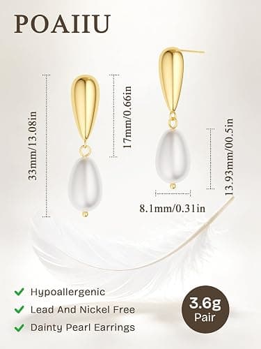 POAIIU Pearl Earrings for Women,14K Gold/Silver Plated Dangle Drop Earrings | Dangling Hypoallergenic Lightweight Dainty Wedding Bridesmaid Jewelry Gift thumbnail 5