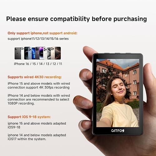 Gitfos Vlog - Pantalla de monitor selfie para iPhone, grabación con cable 4K 30 fps, con cable USB-C de 40 Gbps, salida de audio con cable, selfie magnético dual para selfie Vlog, transmisión en vivo thumbnail 7