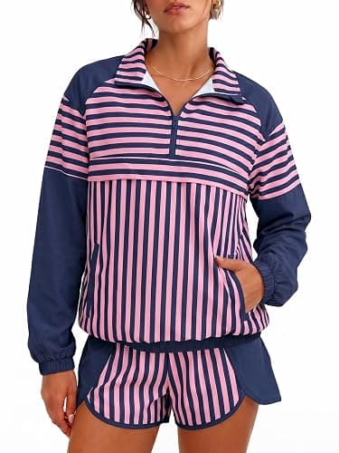 Fisoew Striped 2 Piece Sets for Women Tennis Athletic Short Set Fall Outfit | Athleisure, Oversized, Windbreaker, Preppy, 2 Piece Outfits, Pullover, Half-Zip, Running, Workout, Sweat Set, Casual, Coffee - Image 1