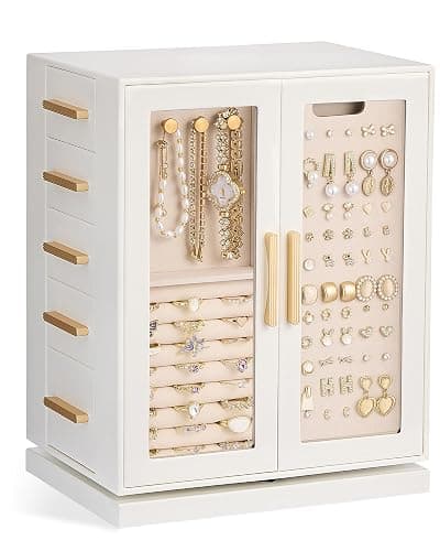 Lolalet Rotating 360° Jewelry Box, Clear Window Jewellery Storage for Earrings Bracelets Necklaces Rings, Large Vertical Organizer for Women, Valentine's Day Gift -White - Image 1