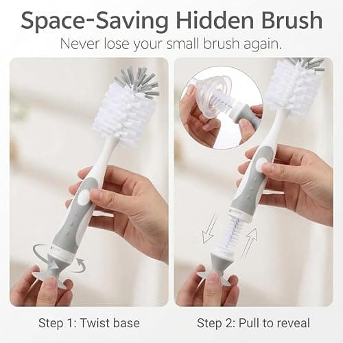 Ariseno 5-in-1 Baby Bottle Cleaner Set, Including Nylon & Silicone Bottle Brush, Cap, Straw & Nipple Brushes, BPA-Free (Grey) thumbnail 4