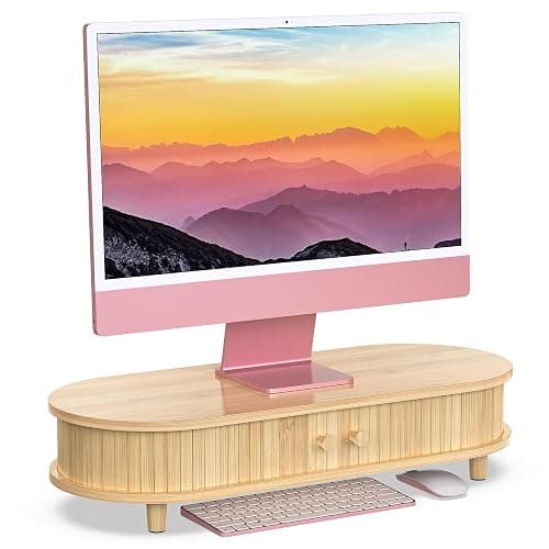 WELL WENG Bamboo Monitor Stand with Storage, Curved Computer Laptop Stand Desk Shelf Organizer with Sliding Doors (25 inch) - Image 1