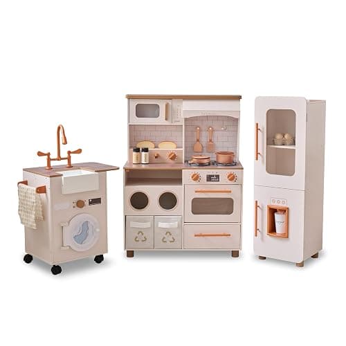Teamson Kids Little Chef Savannah Off-White Play Kitchen for Girls & Boys with Sink, Fridge & 21 Accessories, Pretend Toy Kitchen Set for Toddlers Ages 3+ with Storage & Modular Design - Image 1