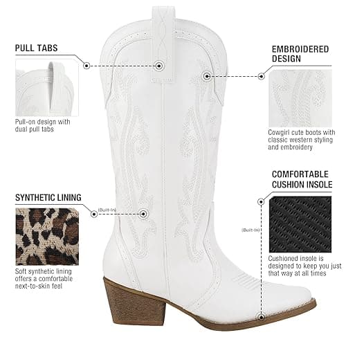 HISEA Rollda Cowboy Boots Women Western Boots Cowgirl Boots Ladies Pointy Toe Fashion Boots - 8.5 - White thumbnail 3