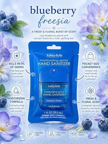 AshleyBelle Moisturizing Spray Hand Sanitizer Variety Pack – Sweet Floral Morning, Rose Lychee, Lemon Sugar Blossom & Blueberry Freesia – Travel Size Pocket Hand Sanitizer Spray, 1 FL OZ Each, 4 Pack thumbnail 4