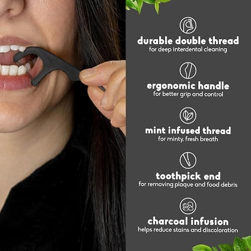 The Humble Co. Floss Picks (200 Count) – Plant Based Dental Floss Picks for Superior Oral Care, Dental Hygiene, and Gum Health, Cruelty Free Tooth Floss Picks (Charcoal, Double Thread) thumbnail 3