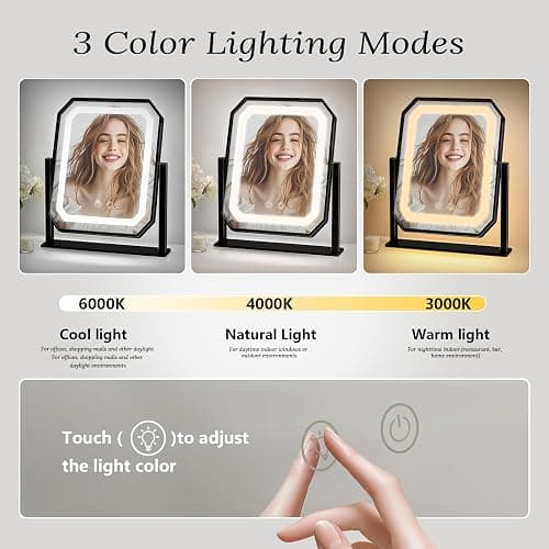 Lighted Makeup Mirror, 3 Colors for Precise Application, Touch Control Brightness Adjustment for Easy Use, with a Detachable 10x Magnifying Mirror, 13.4“ x 12” Hollywood Vanity Mirror for Plug-in Use thumbnail 4