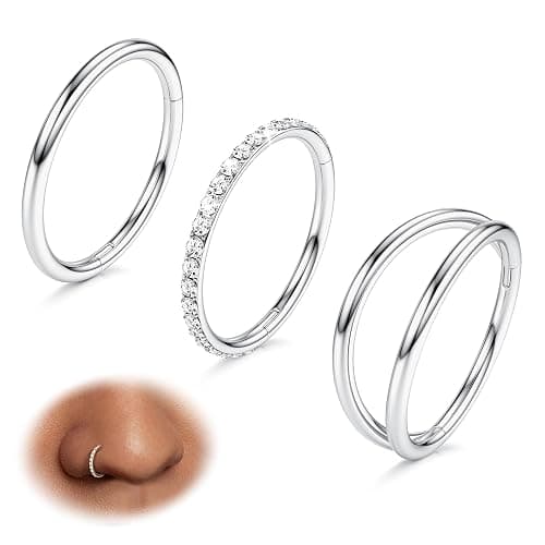 BodyBonita 3pcs Nose Rings Hoops - Double Hoop Nose Ring 14/16/18/20G Hinged CZ Piercing Jewelry Septum Clicker Rings Cartilage Earring Helix Rook Tragus Daith 7mm/8mm/9mm/10mm - Image 1