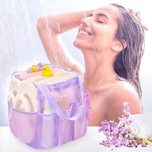 famichan Mesh Shower Caddy Portable with Drawstring, Dorm Room Essentials for College Students Girl & Boy, Larger Shower Bag for Camping,Swimming,Gym,Travel,Bathroom - Purple thumbnail 9
