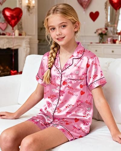 Sylfairy Girls Pajamas Silk PJS Set Pink Bow Satin Sleepwear Short Sleeve Jammies for Kids Button-Down Nightwear size 7-14 thumbnail 2