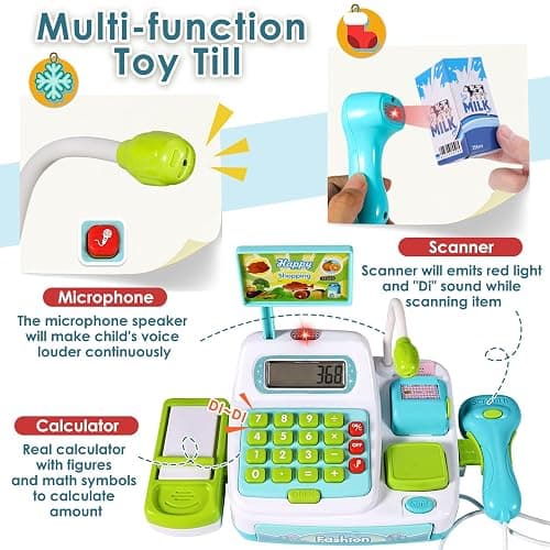 BUYGER Kids Till Cash Register with Scanner Pretend Shopping Playset | Sound and Light Scanner, Supermarket Dinette Cash Register for Children Birthday Gifts for 3 Years, Blue, 25 x 12 x 16 cm thumbnail 3