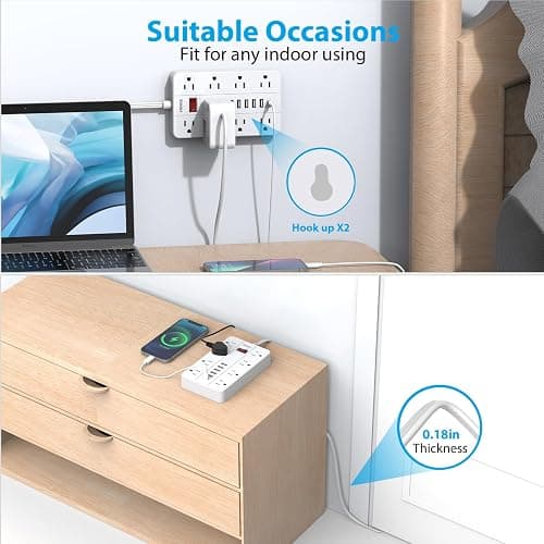 SMNICE Power Strip with USB,Surge Protector Flat Plug with 8 Widely Spaced Outlets and 6 USB Ports(1 USB C), 5ft Extension Cord Wall Mountable Phone Tablet Laptop Computer Multiple Devices thumbnail 6