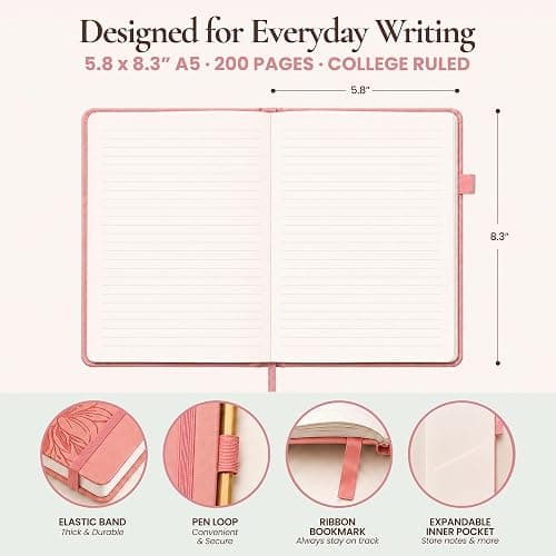 Lined Journal Notebook Hardcover Leather Bound 200 Pages A5 Pink Cute Diary | College Ruled 5.8x8.3" Journaling Notebooks for Women, Floral Aesthetic Journals for Writing, Small Travel Daily Note Book thumbnail 2