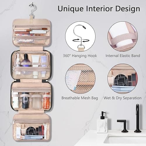 Wedama Toiletry Bag for Women, Hanging Travel Toiletry Bag with Jewelry Organizer Compartment Large Makeup Bag, PVC Waterproof Cosmetic Travel Bag for Travel Business Trips Camping Bathroom, Black thumbnail 6