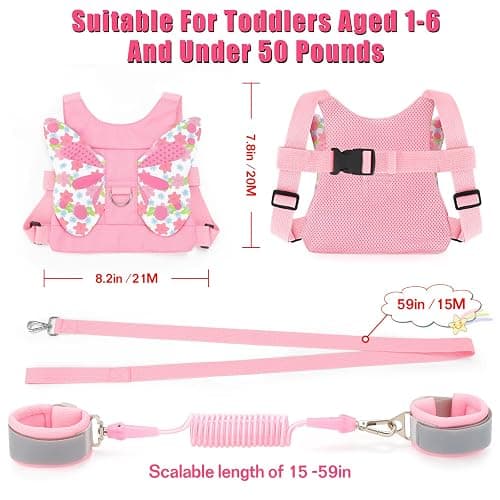 Toddler Leash Anti Lost Wrist Link, Butterfly Kids Safety Harness with 49 Steel Wires for Girls, Walking Wristband Belt for Baby Travel Outdoor Airport Mall Zoo thumbnail 2