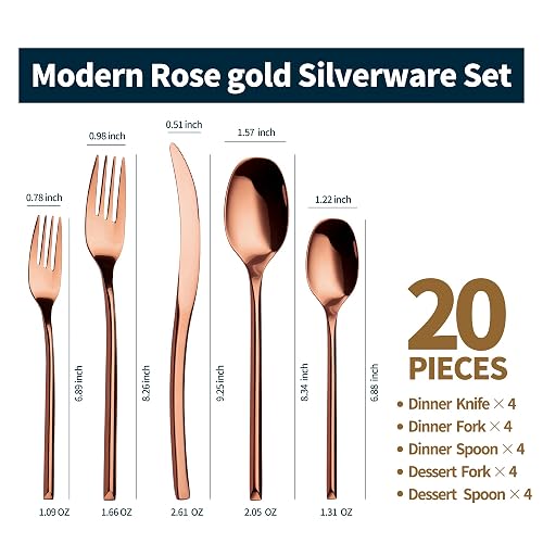 Lemeya 20-Piece Rose Gold Silverware Set for 4,Modern 18/10 Stainless Steel Flatware Set,Luxury Cutlery Set,Unique Utensils Set for Restaurant,Spoons and Forks Set,Mirror Polished,Dishwasher Safe thumbnail 3