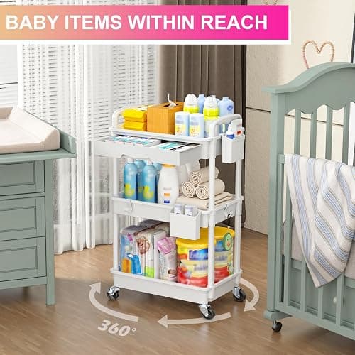 Goovilla 3 Tier Rolling Utility Cart Organizer with Removable Drawer, Stable and Sturdy White Rolling Storage Carts with 2 Lockable Wheels for Bathroom, Kitchen, Snack, Craft, Makeup, Baby Essentials - White - 3 Tier thumbnail 6
