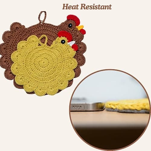 Handmade Crochet Chicken Trivets Set of 2, Chicken-Gifts, Valentine Gifts, Pot Holders, Heat Resistant Farmhouse Kitchen Home Decor, Cooking, Baking, Cute Desk Accessories, Tabletop Protection thumbnail 7