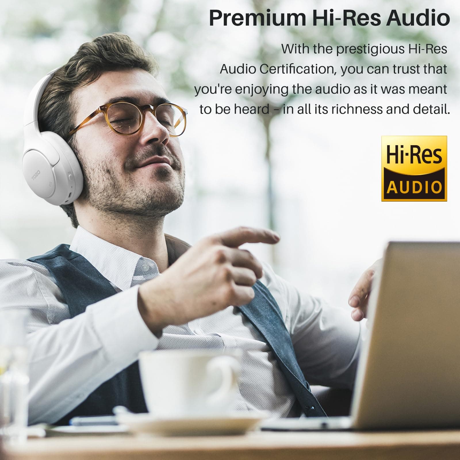 TOZO HT2 Hybrid Active Noise Cancelling Wireless Headphones, 60H Playtime Lossless Audio Over Ear Bluetooth Headphones, Hi-Res Audio Deep Bass Foldable Lightweight Headset for Workout White thumbnail 3
