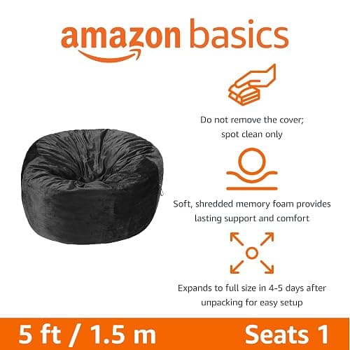 Amazon Basics Large Bean Bag Chairs for Adults, 5 ft Grey Memory Foam Filled with Solid Microfiber Cover thumbnail 3
