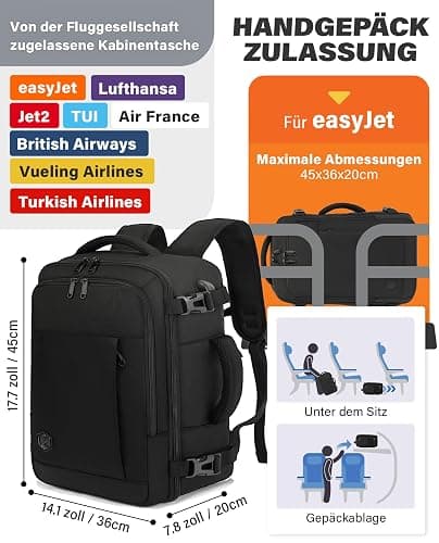 VANKEV für Easyjet Handgepäck 45x36x20 Laptop Rucksack Reiserucksack Handgepäck Tasche Rucksack 15.6 Zoll Laptop Backpack für Herren Damen Schwarz thumbnail 3