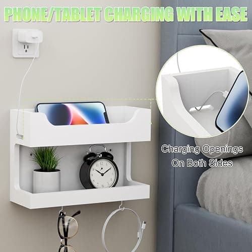 NiHome Wall Mounted Wooden Bedside Accessories Organizer, Double Tray Bedside Wall Storage Shelf Rack with Magnetic Hooks, Bedroom Dorm Wall Caddy Holder for Phone Glasses Alarm Clock Remote (White) thumbnail 3