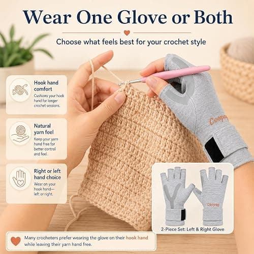 Coopay Crochet Gloves with Anti-Slip Grip, Fingerless Compression, Size M | Ergonomic Hand Support for Crocheting, Knitting and Crafting, Reduces Strain During Long Sessions, Lightweight, Fingerless thumbnail 3