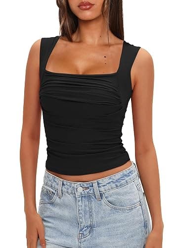 Darong Women's Padded Ruched Tank Tops Built in Bra Summer Double Lined Sleeveless Going Out Crop Tops Shirts thumbnail 4