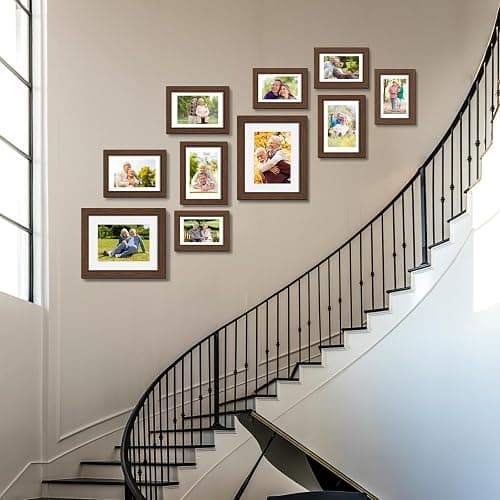 Povrgive Picture Frames Set of 10-8x10, 5x7, 4x6 Photo Frames, Gallery Frame Set for Collage Wall Decor, Wood Frame with Glass Front and Mat Options for Wall and Tabletop Display, Brown thumbnail 2