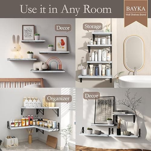 BAYKA Wall Shelves for Bedroom Decor, Floating Shelves for Living Room Kitchen Storage, Wall Mounted Rustic Wood Floating Shelves for Kids Books, Corner Shelf for Bathroom(Gray White，Set of 4) thumbnail 6