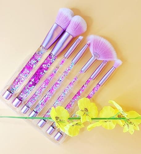 RAEEIKPHZ Sparkle Pink Makeup Brushes Set,Unicorn Glitter 7pc Foundation Blush Lip Nose Eyeshadow Eyebrow Loose Powder Fan Make Up Brushes Kit with Liquid for Kids Girls Teen Women Gift Present thumbnail 7