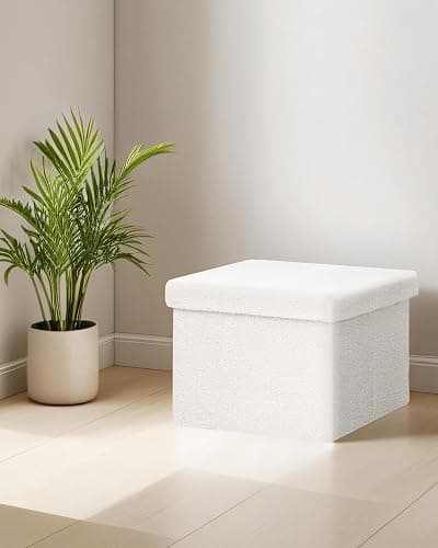 ZOLANOful Small Ottoman with Storage, Sherpa Storage Ottoman Cube, Boucle Folding Foot Rest for Dorm, Living Room, Bedroom, White, 16.5"x12.6"x12.6" thumbnail 6