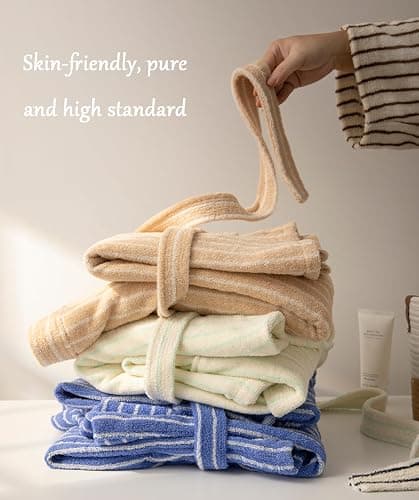 HGKPFGTF Striped Cotton Bathrobe for Women Super-Soft Terry Plush Kimono Towel Robe Long Sleeve Lounge Robe with Pockets thumbnail 5