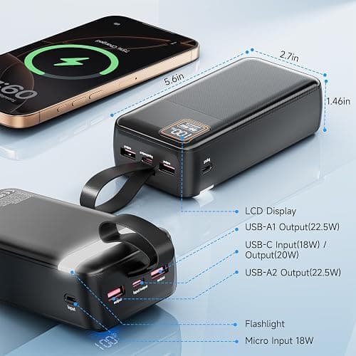 EnergyQC 42000mAh Portable Charger, 22.5W Power Bank with LED Flashlight - USB C Fast Charging External Battery Pack, LED Display Portable Phone Charger for iPhone 17/16/15/14, Android, Samsung,etc thumbnail 5
