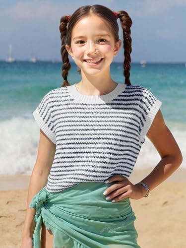 Seiciviy Girls Summer Cute Tops School Picture Day Teen Tween Sweater Vest Striped Short Sleeve Trendy Knit Outfits thumbnail 2