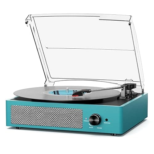 Record Player for Vinyl with 2 Build-in Speakers LP Vinyl Players Belt-Driven Vintage Turntables 3 Speed 3 Size, Wireless Bluetooth Playback, AUX-in, RCA Out, Headphone, Auto Stop Sea Blue - Image 1