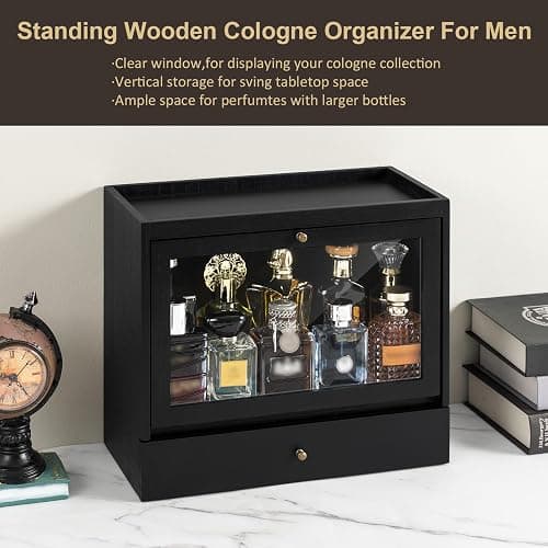 Emfogo Cologne Organizer for Men, Solid Wood Perfumes Organizer for Men Dresser, Large Capacity Dustproof Cologne Holder with Drawer Storage Perfume Stand Organizer, Ideal Gift for Loved ones thumbnail 6