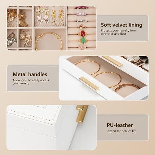 JBAOWEI 3-Layer Jewelry Box for Women, Jewelry Organizer with Glass Lid and Drawers, Jewelry Organizers and Storage for Necklaces, Rings, Earrings, Bracelets - White/Green/Black. thumbnail 5