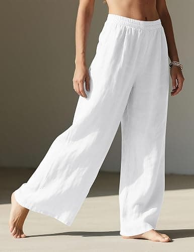 LOMON Linen Pants Women Wide Leg Palazzo Summer Flowy Pants Beach Vacation Clothes Elastic Waist Travel Trousers with Pockets thumbnail 3