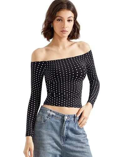 SUUKSESS Women Off Shoulder Double Lined Long Sleeve Shirts Basic Going Out Tops - Image 1