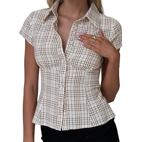 Women Fashion Plaid Button Up Shirt Short-Sleeve Lapel Collar Blouse Shirts Y2K Summer Casual Going Out Tops - Image 1