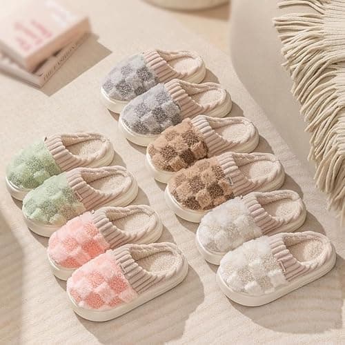 VTTDB Checkered Slipper House Slippers for Women Men Plush Warm Fuzzy Slippers Flyffy Bedroom Shoes Indoor Slip On thumbnail 7